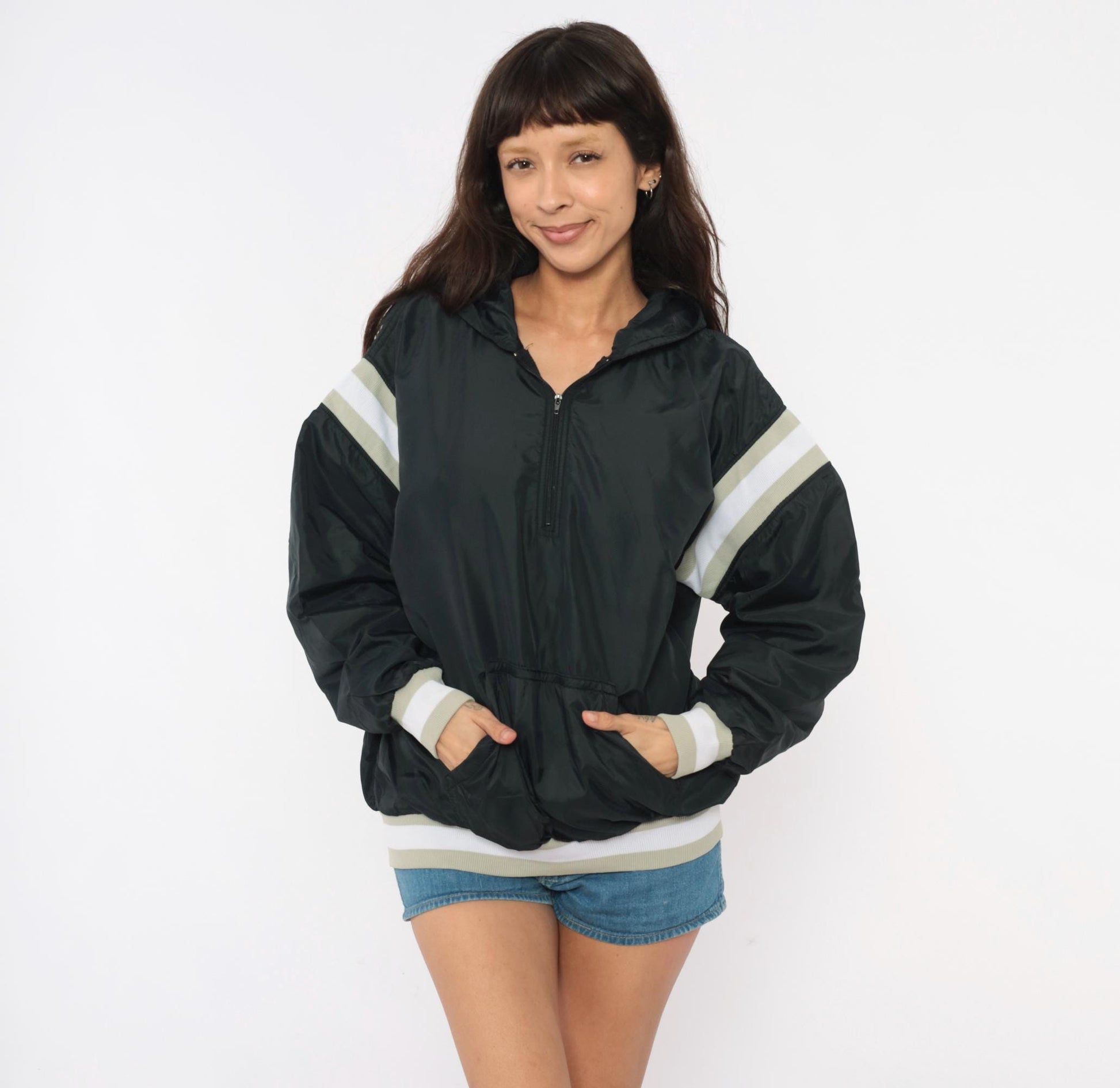 90s Russell Athletic Black Hooded Windbreaker Striped Sleeve Small