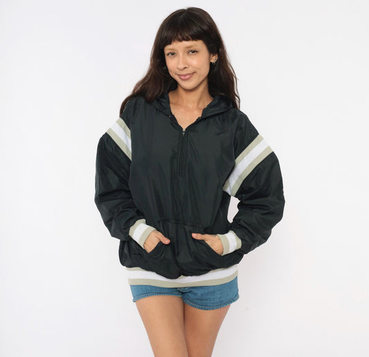 90s Russell Athletic Black Hooded Windbreaker Striped Sleeve Small