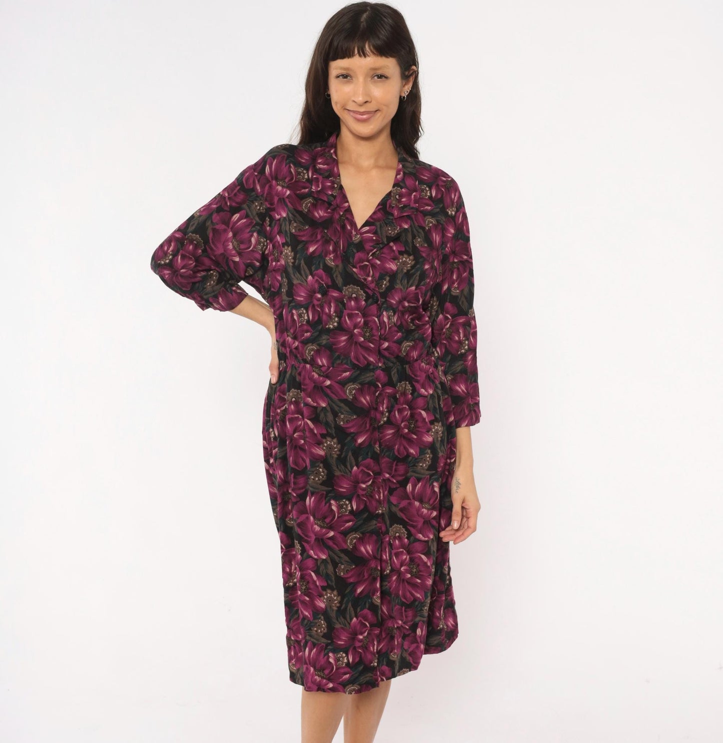 90s Plum Floral Wrap Dress V-Neck Button Front Knee-Length Large