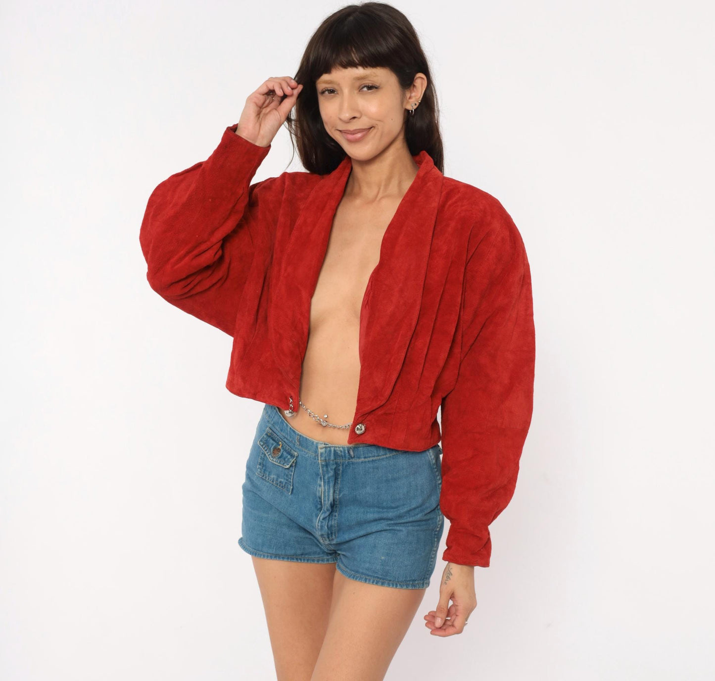 80s Wilsons Red Suede Cropped Jacket Dolman Sleeve Shawl Collar Large L