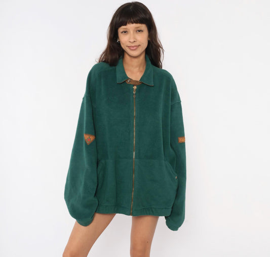 90s Keystone Forest Green Full Zip Fleece Jacket Brown Leather Trim Large L