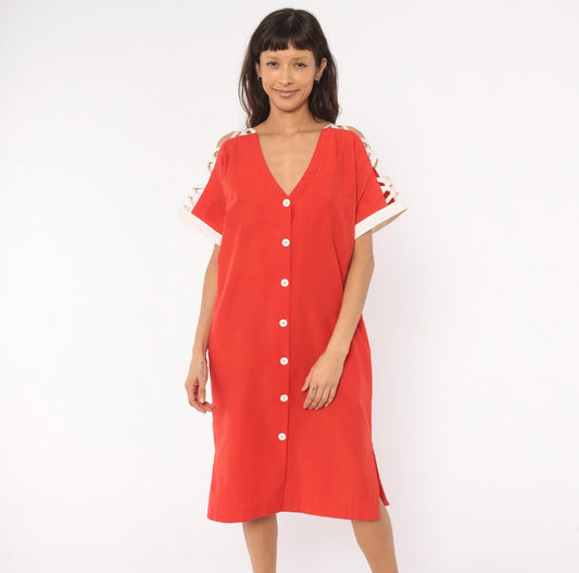 80s Act I Red Cotton Dress V-Neck Criss-Cross Cold Shoulder Large L
