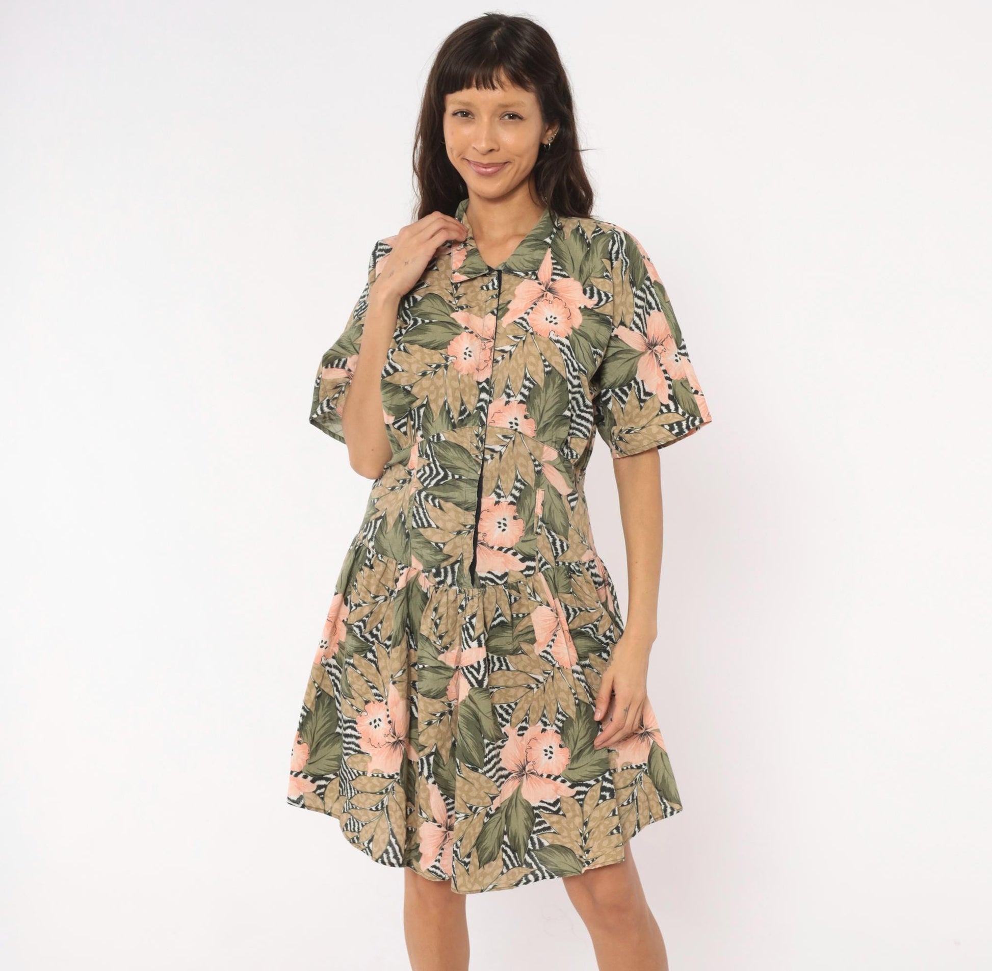 90s Tropical Hibiscus Shirt Dress Floral Print Drop Waist Snap Front Large L