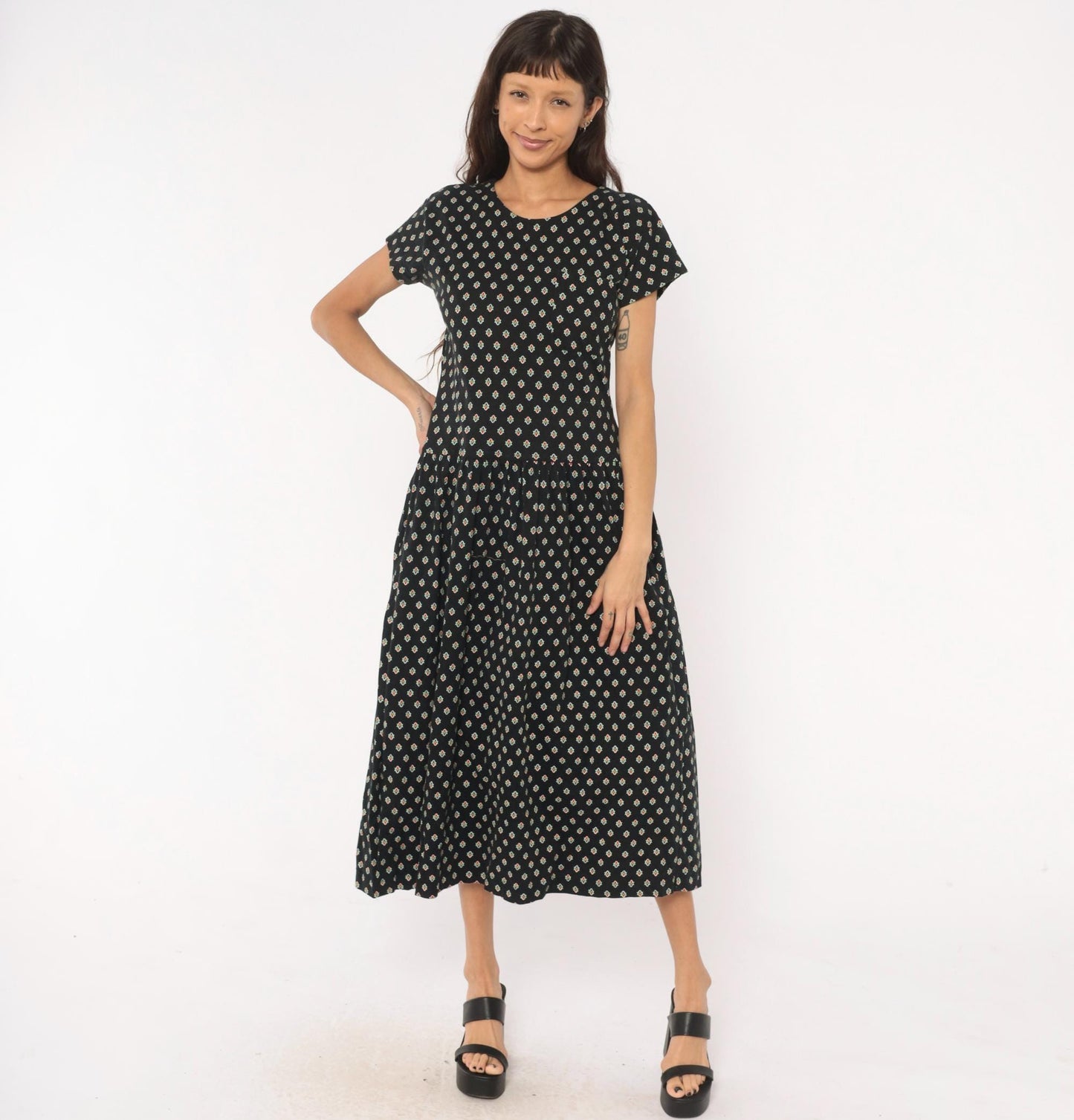 90s LizSport Foulard Print Midi Dress Black Cotton Short Sleeve Medium M