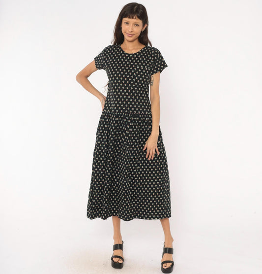 90s LizSport Foulard Print Midi Dress Black Cotton Short Sleeve Medium M
