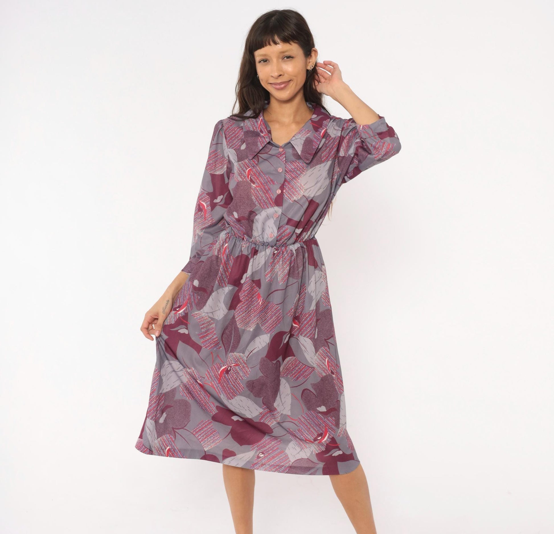 70s Abstract Leaf Floral Button Front Dress Grey Burgundy Knee-Length Medium M