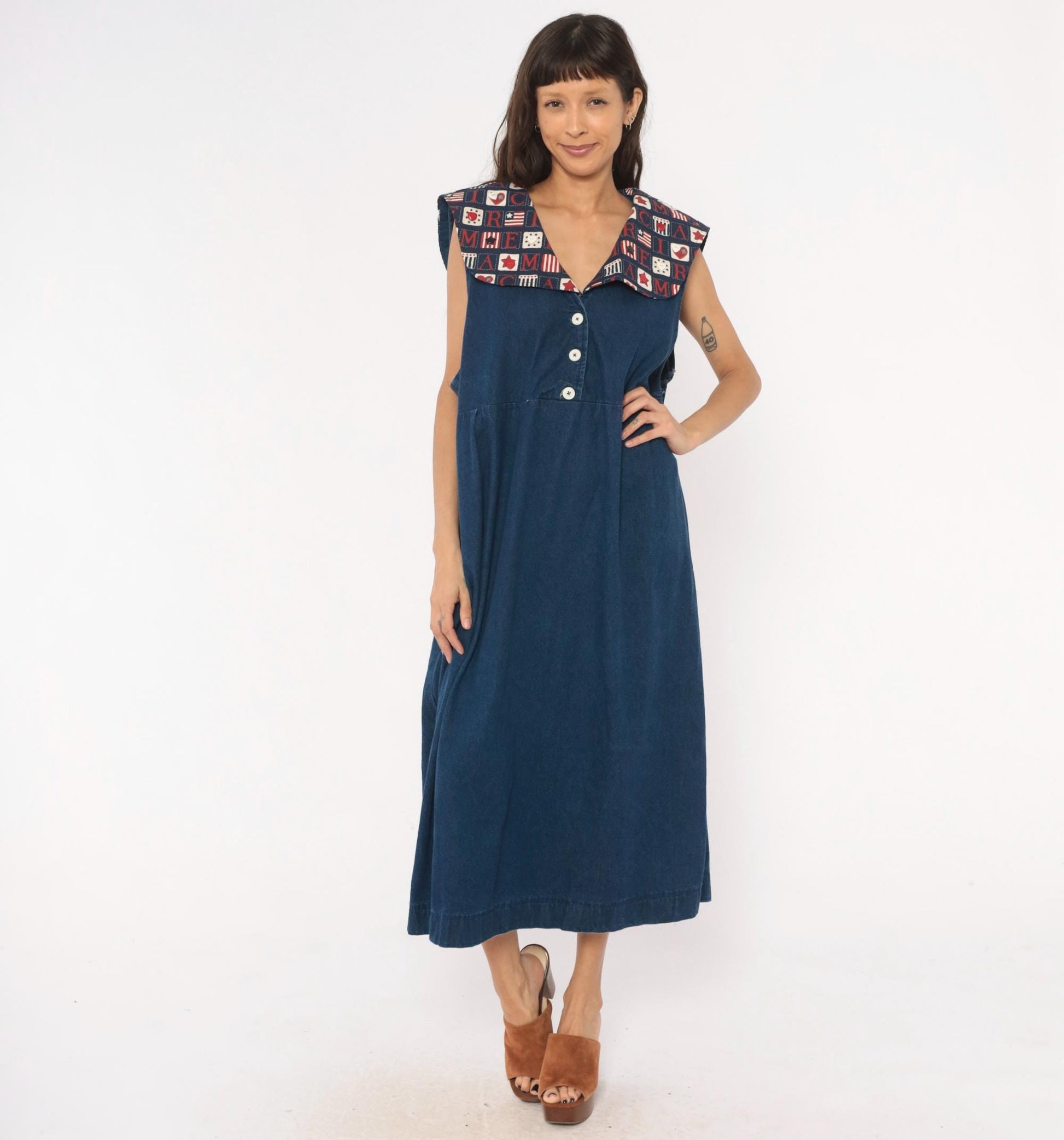 90s Americana Patchwork Denim Maxi Dress Navy Sailor Collar Plus Size XXL