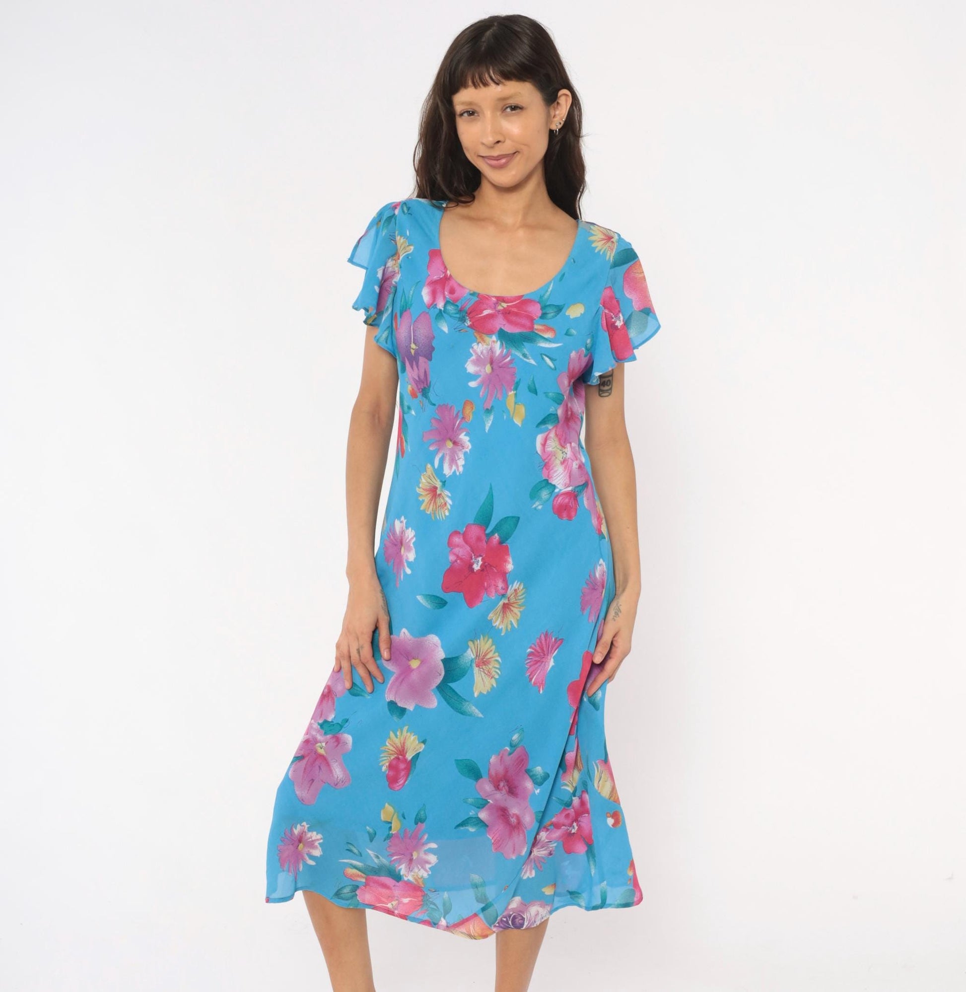 90s Southern Expressions Floral Midi Dress Sky Blue Flutter Sleeve Extra Large