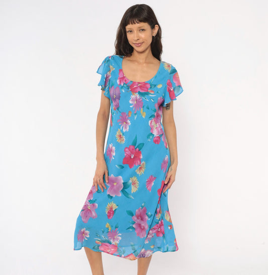 90s Southern Expressions Floral Midi Dress Sky Blue Flutter Sleeve Extra Large