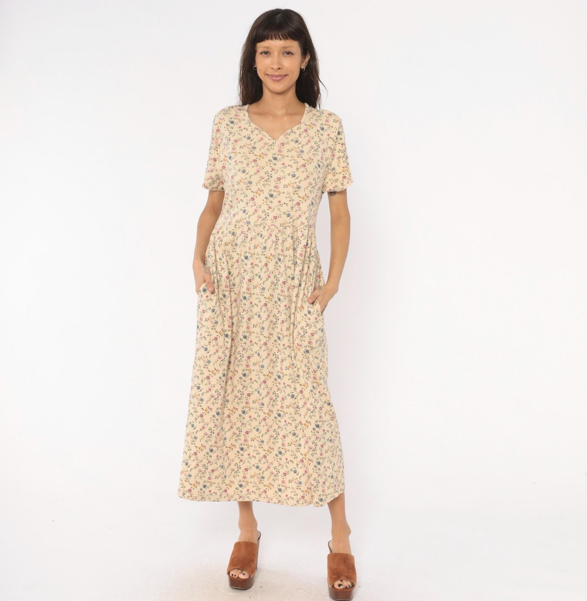90s Blair Ditsy Floral Maxi Dress Cream Cotton Prairie V-Neck Medium Petite