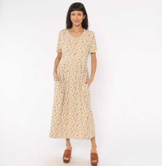 90s Blair Ditsy Floral Maxi Dress Cream Cotton Prairie V-Neck Medium Petite