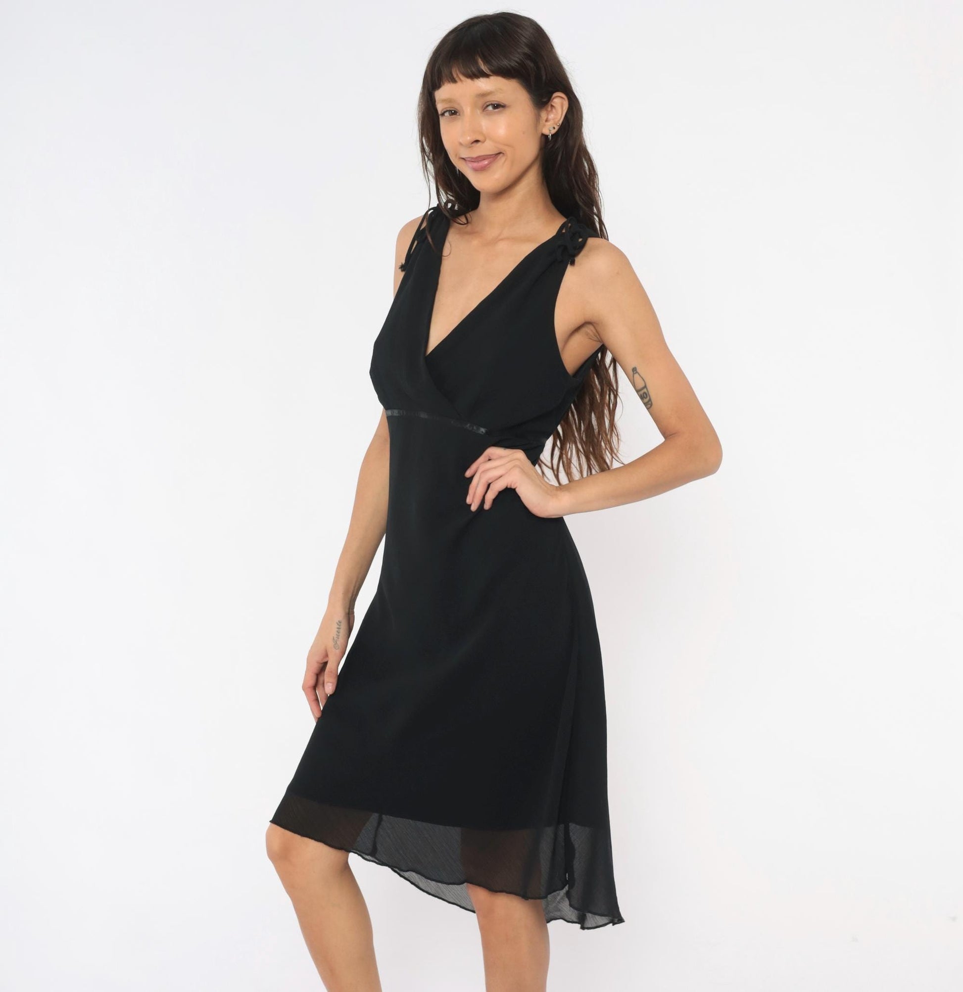90s Michael Taylor Black Chiffon Wrap Dress Tie Shoulder V Neck Large L