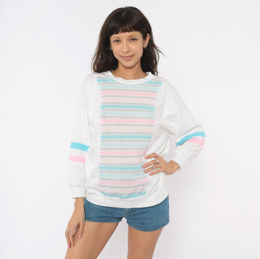 80s Marc Perry Pastel Striped Cotton Sweatshirt Crew Neck Medium