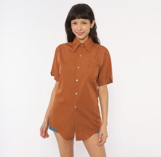 70s Fleetline Rust Button-Up Shirt Pointed Collar Short Sleeve Small