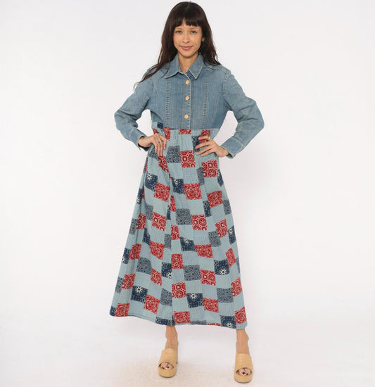 00s Valerie Stevens Patchwork Denim Maxi Dress Bandana Gingham Red Navy Medium