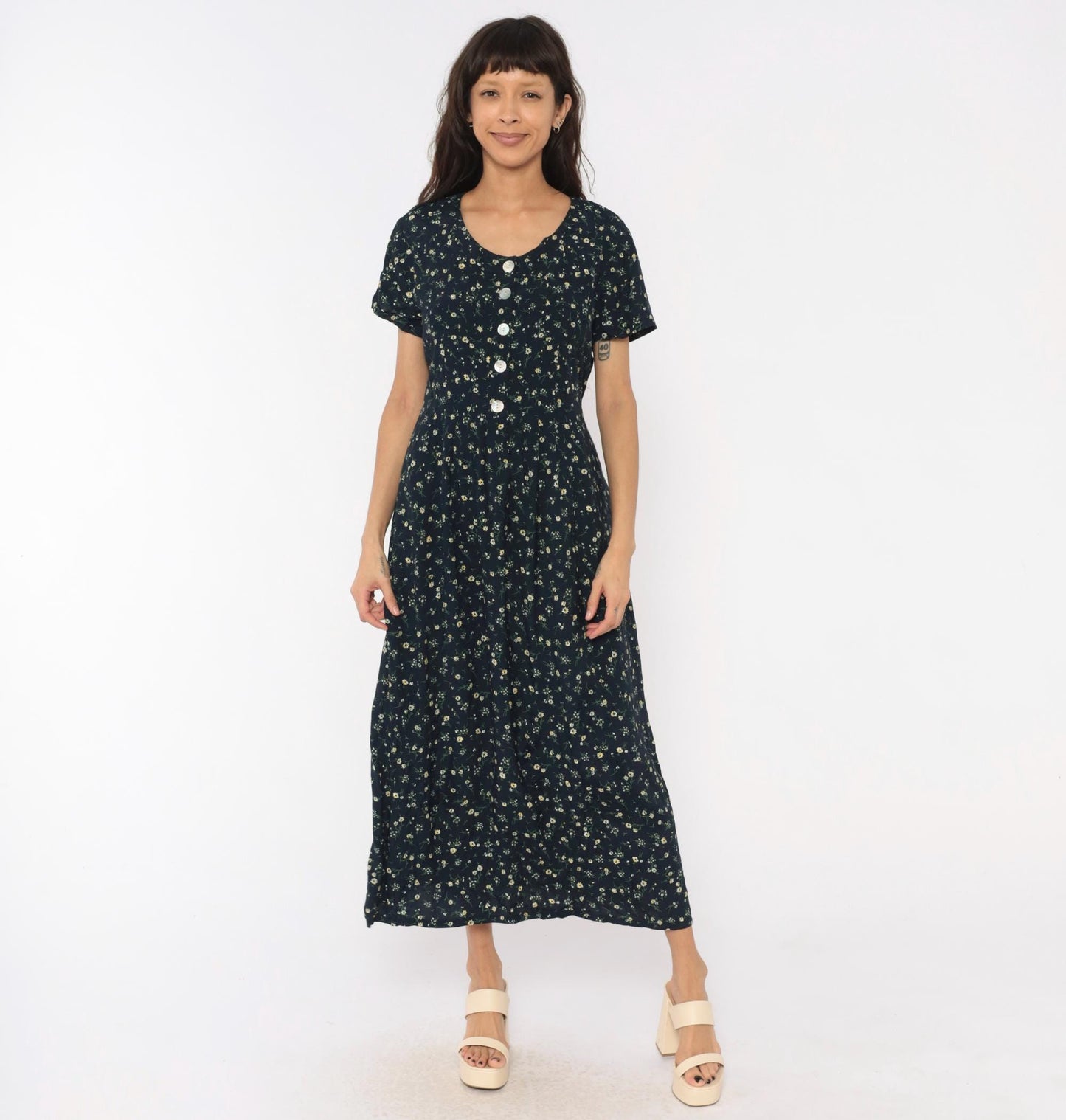 90s Liz Baker Essentials Navy Floral Maxi Dress Yellow Daisy Button Front Medium