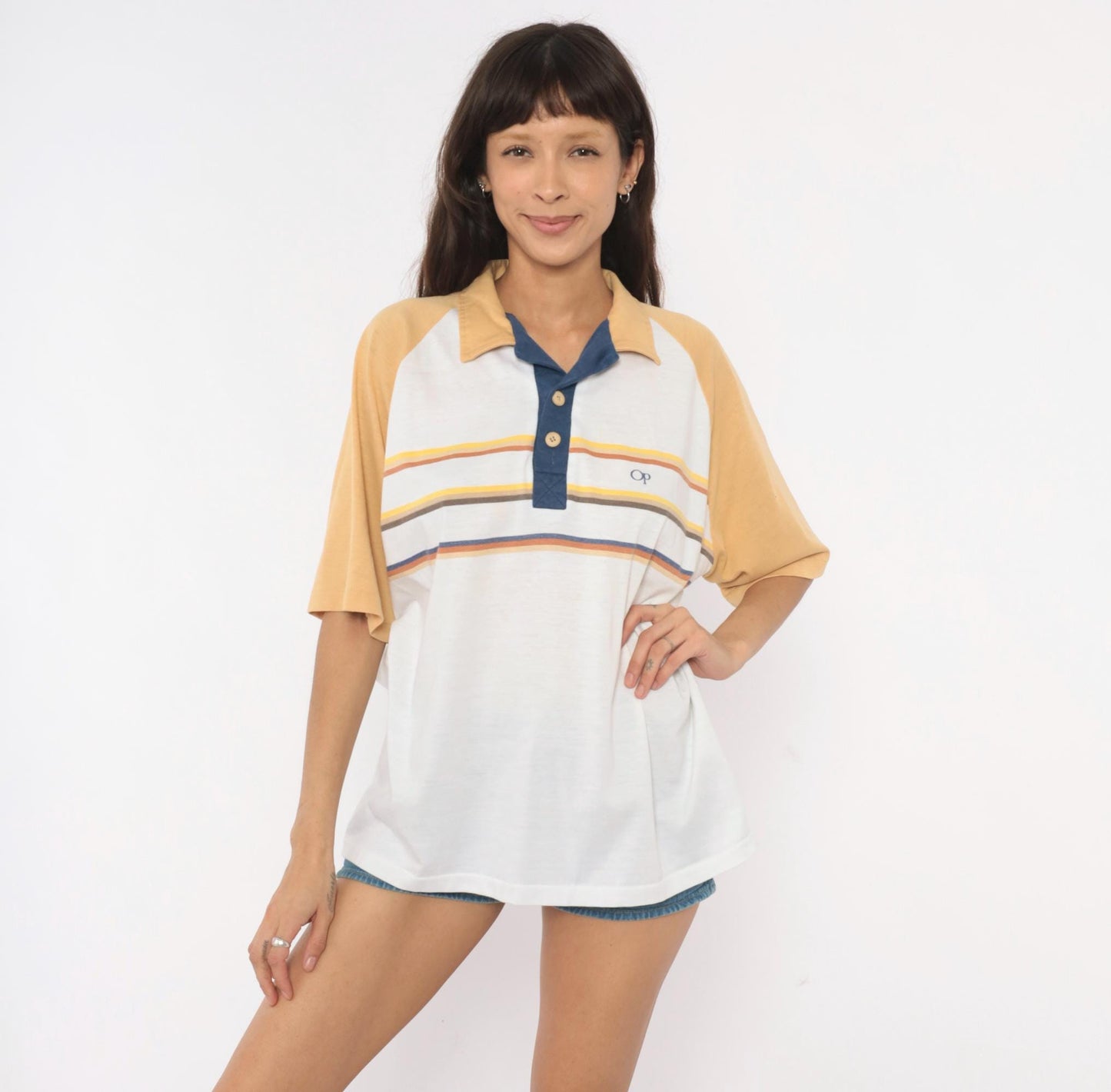 80s Ocean Pacific Polo Striped Raglan White Navy Cotton Shirt Extra Large XL