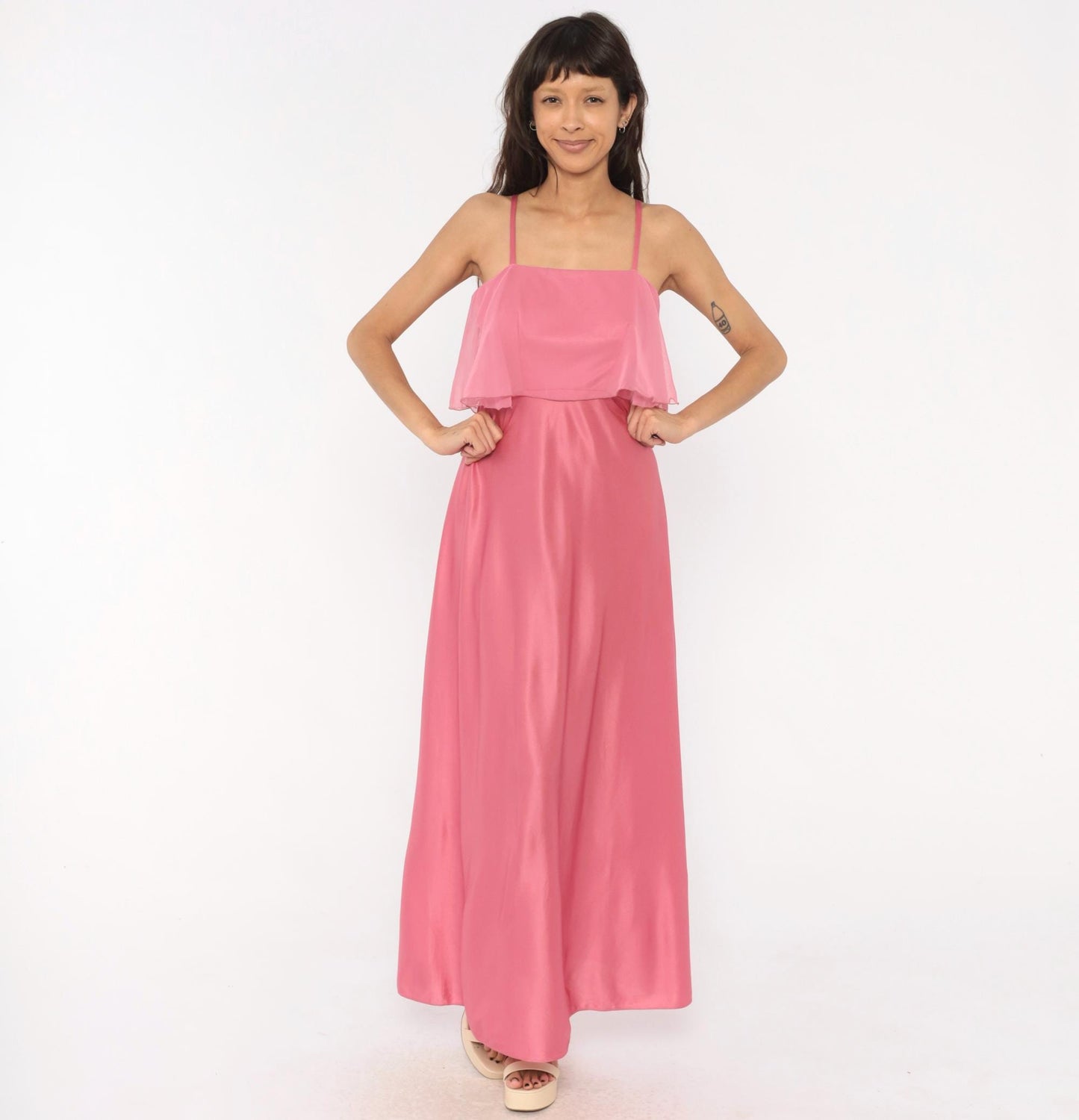 70s Pink Satin Maxi Dress Chiffon Overlay Spaghetti Strap Floor Length Small