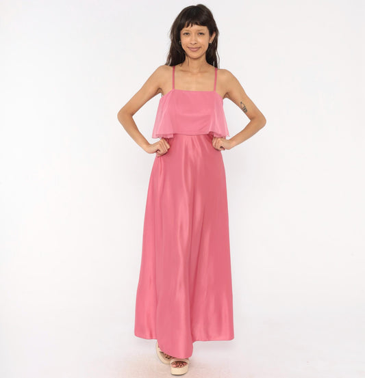 70s Pink Satin Maxi Dress Chiffon Overlay Spaghetti Strap Floor Length Small