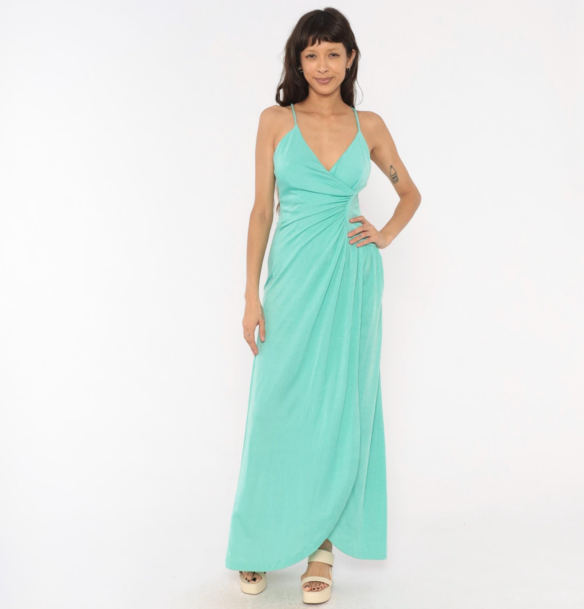 70s Jay Sevens Mint Maxi Dress Spaghetti Strap Wrap V Neck Small