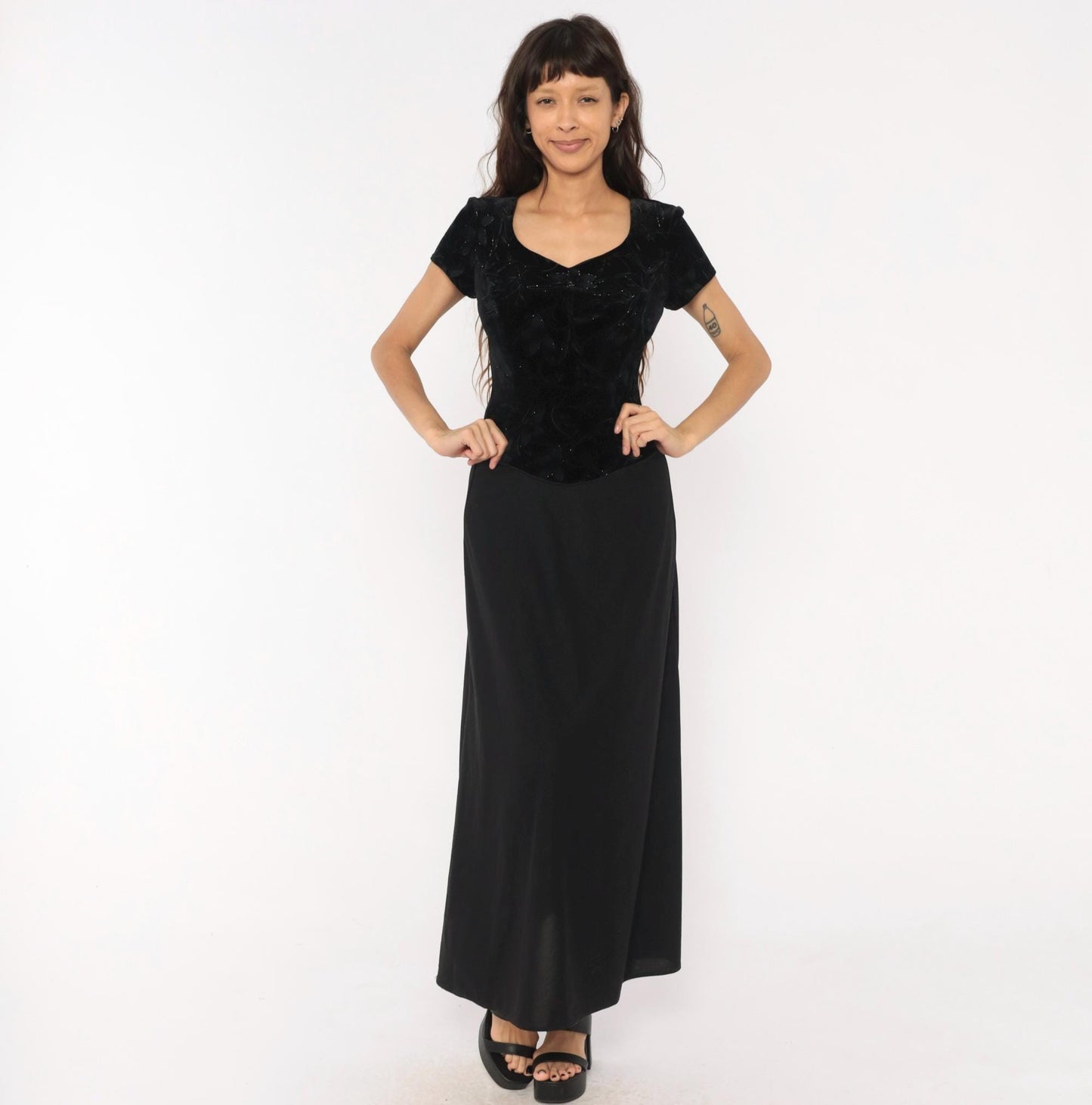90s Southeastern Velvet Burnout Maxi Dress Black Floral V-Neck Extra Small