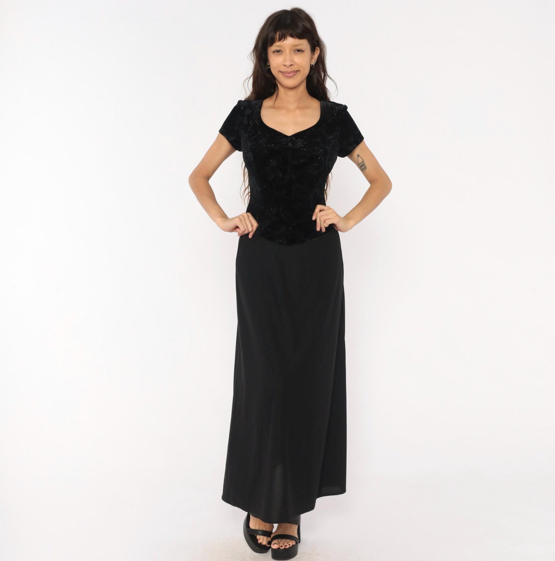 90s Southeastern Velvet Burnout Maxi Dress Black Floral V-Neck Extra Small