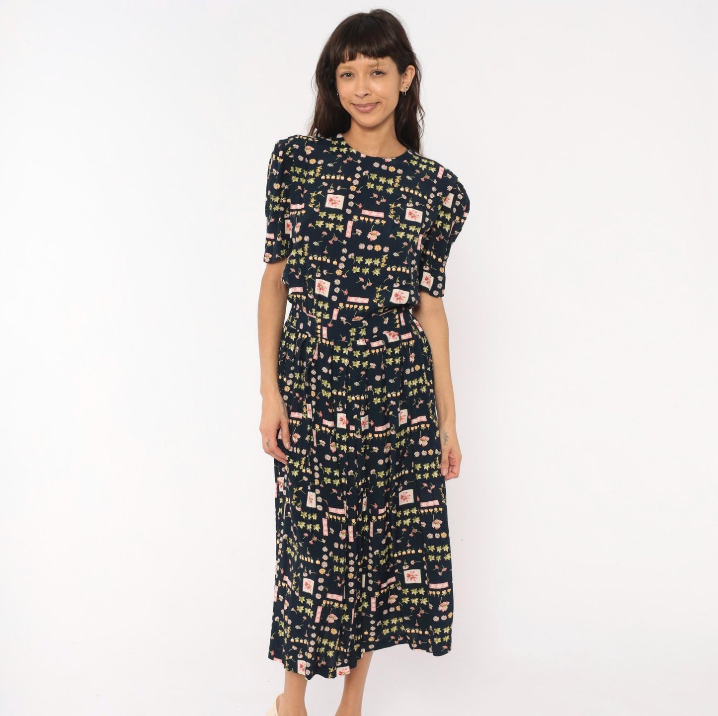 90s Karin Stevens Botanical Midi Dress Navy Floral Puff Sleeve Medium M