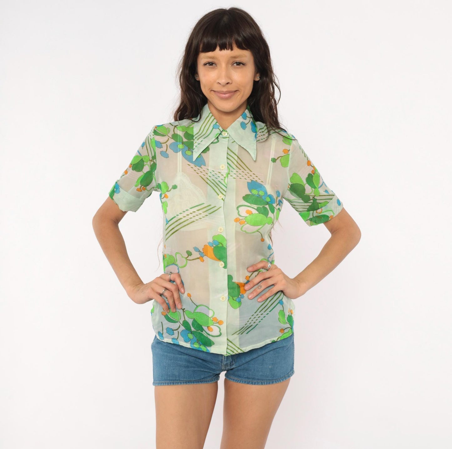 70s Nobel Floral Button-Up Blouse Mint Green Blue Orange Pointed Collar Small