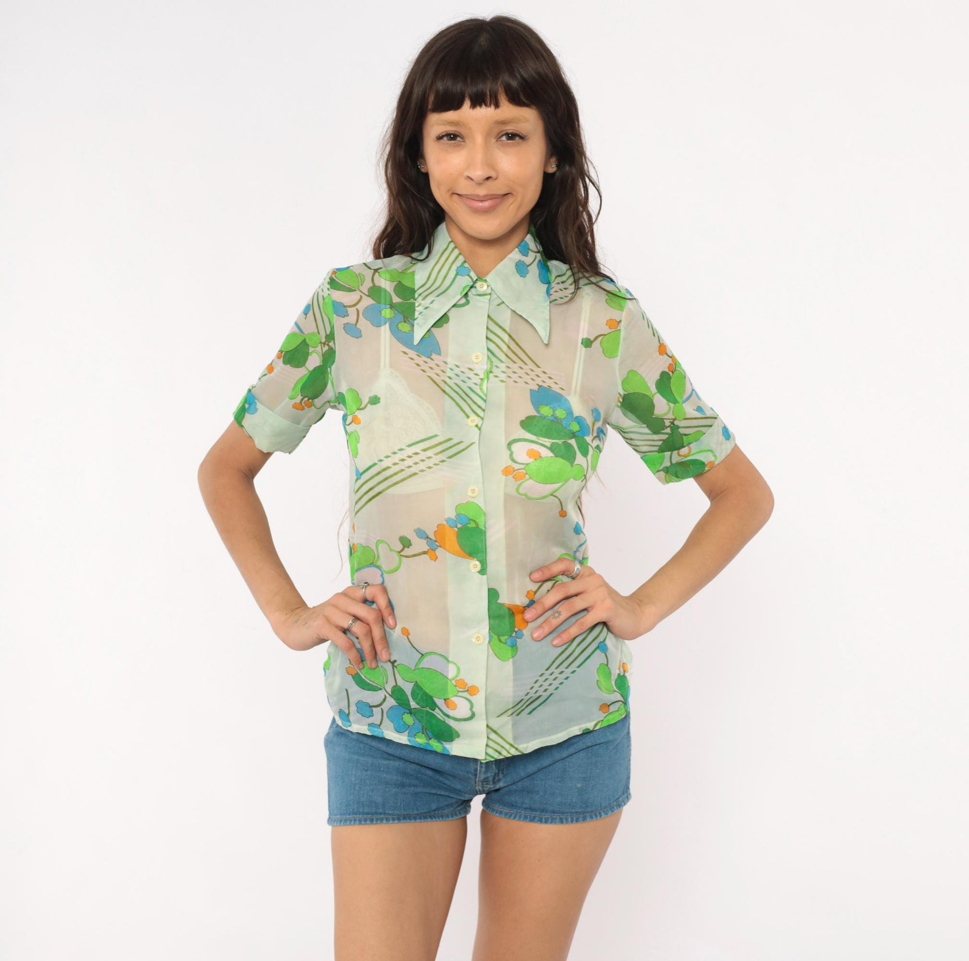 70s Nobel Floral Button-Up Blouse Mint Green Blue Orange Pointed Collar Small
