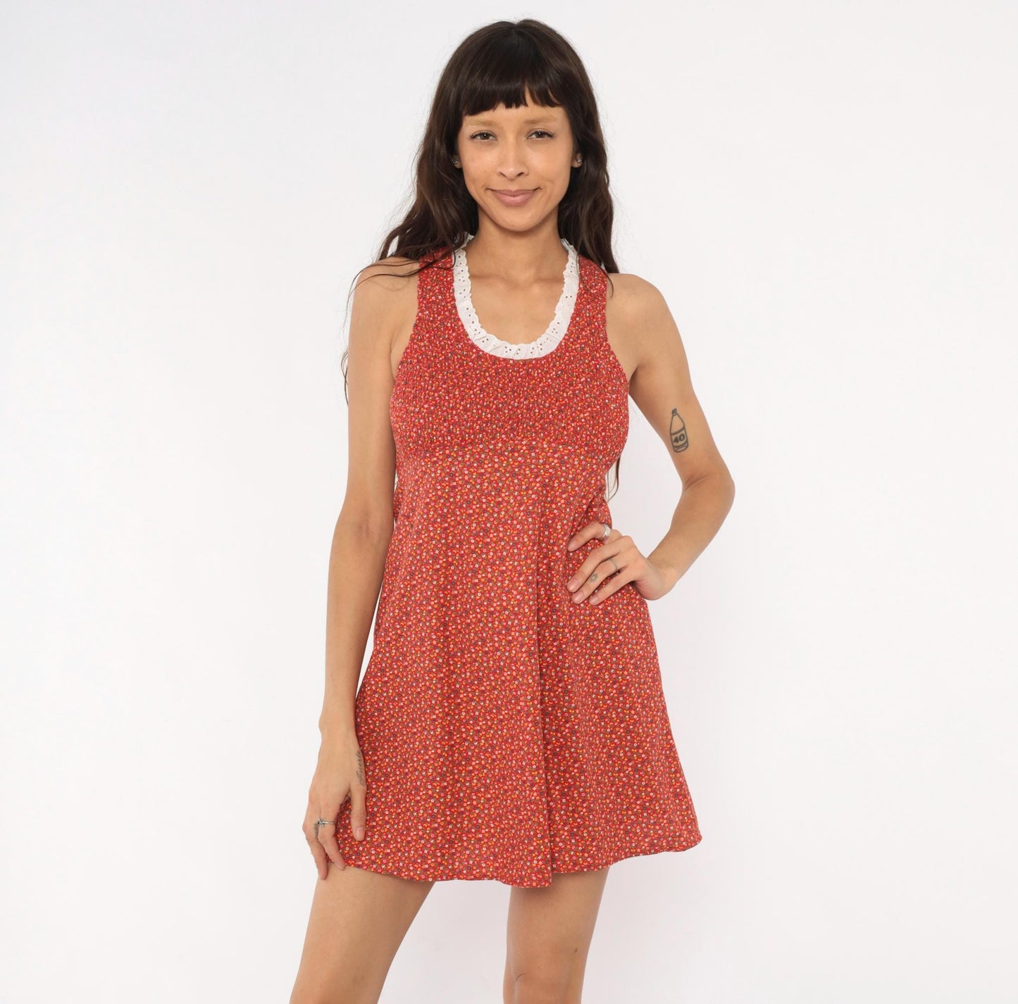 70s Red Ditsy Floral Mini Dress Cotton Eyelet Lace Smocked Small