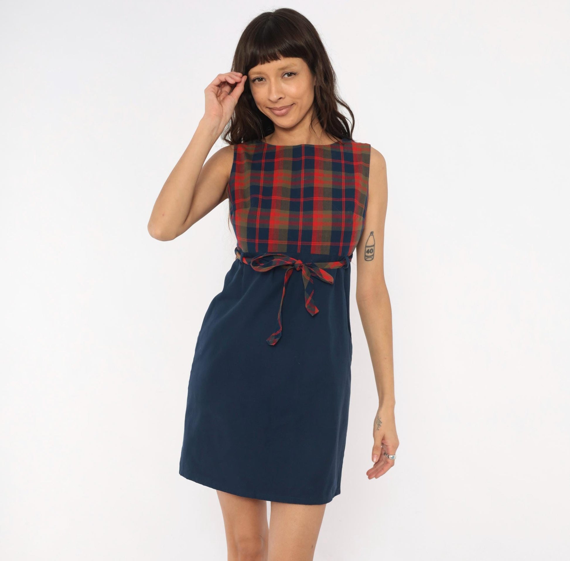 60s College Town Boston Plaid Mini Dress Navy Red Tartan Shift Tie Waist Extra Small XS