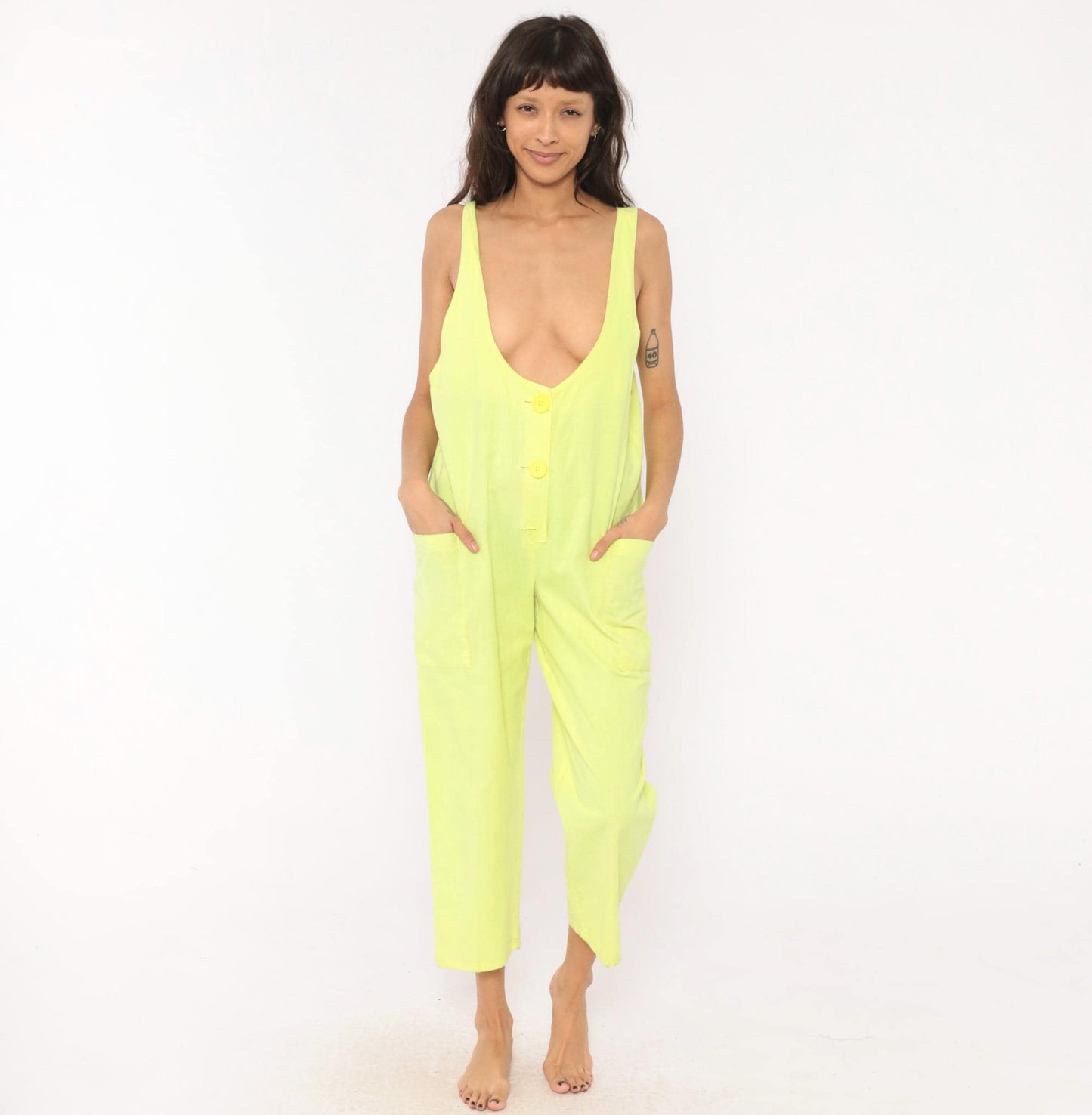 90s Ginger Neon Yellow Cotton Jumpsuit Deep V Neck Ankle Length Medium M
