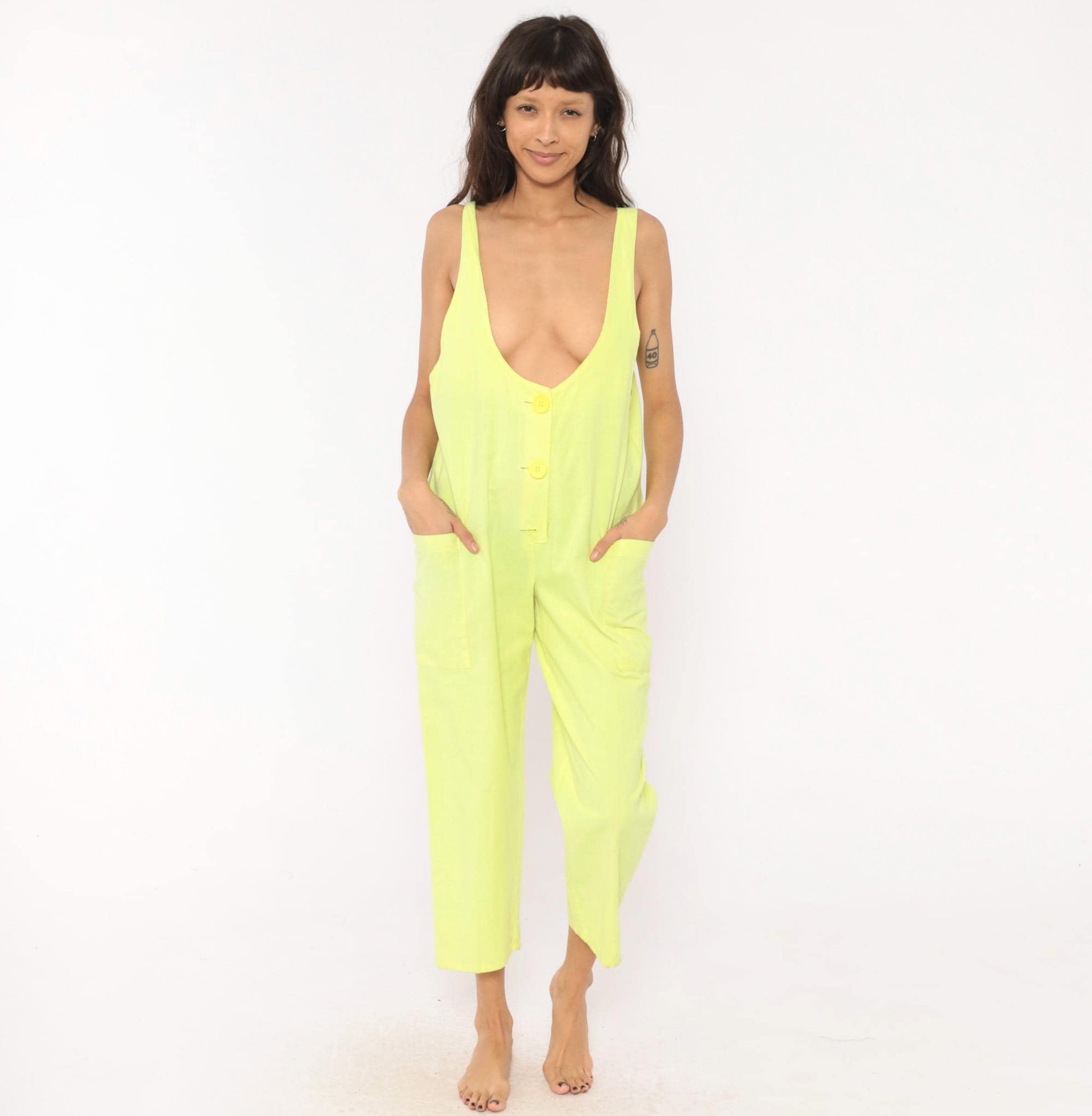 90s Ginger Neon Yellow Cotton Jumpsuit Deep V Neck Ankle Length Medium M
