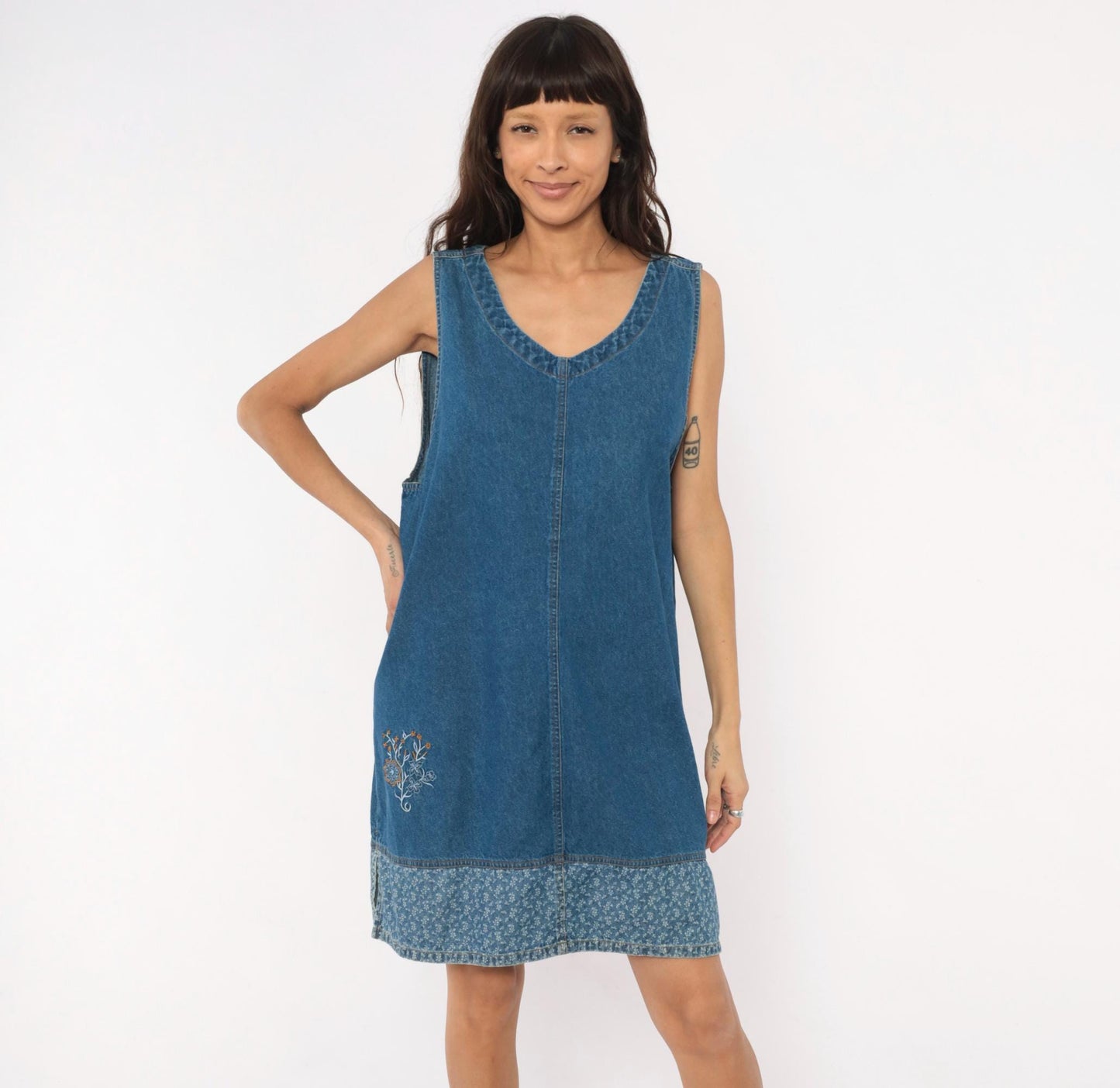 90s Erika & Co. Denim Shift Dress Embroidered Floral Cobalt Extra Large XXL