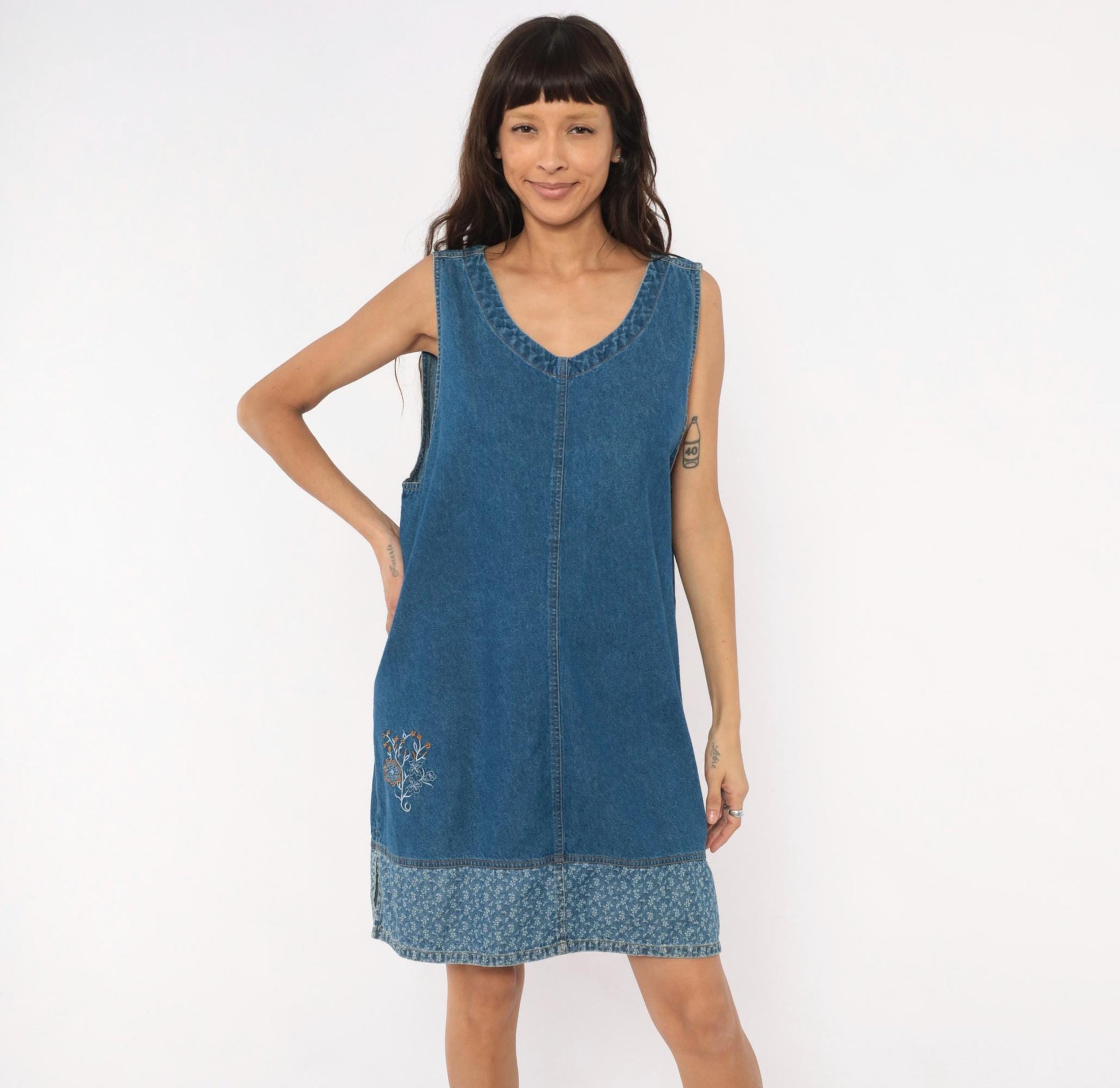 90s Erika & Co. Denim Shift Dress Embroidered Floral Cobalt Extra Large XXL