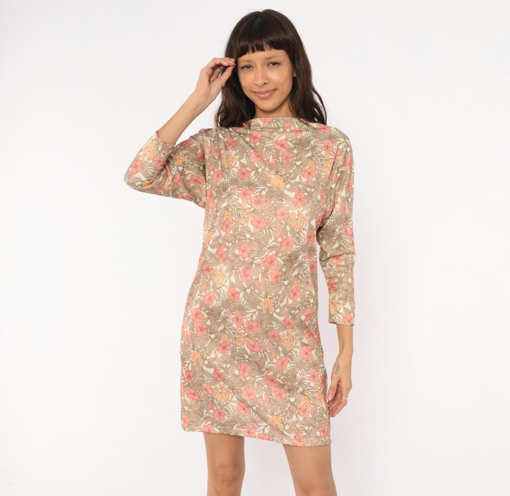 70s Tropical Floral Shift Dress Cream Pink Coral Three-Quarter Sleeve Extra Small XS