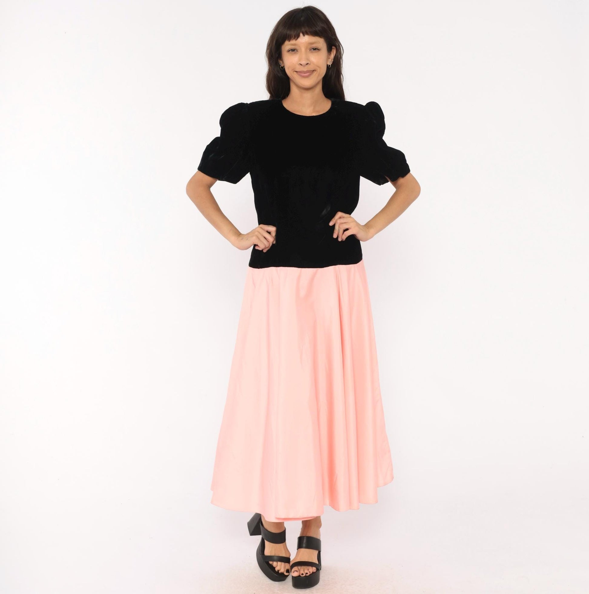 80s S.G. Gilbert Black Velvet Puff Sleeve Maxi Dress Pink Satin Bow Large