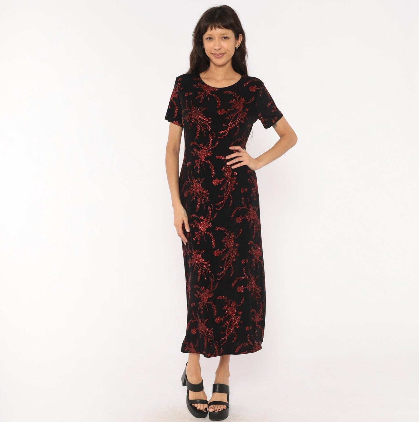 90s Black Maxi Dress Red Glitter Floral Print Short Sleeve Scoop Neck Medium Large