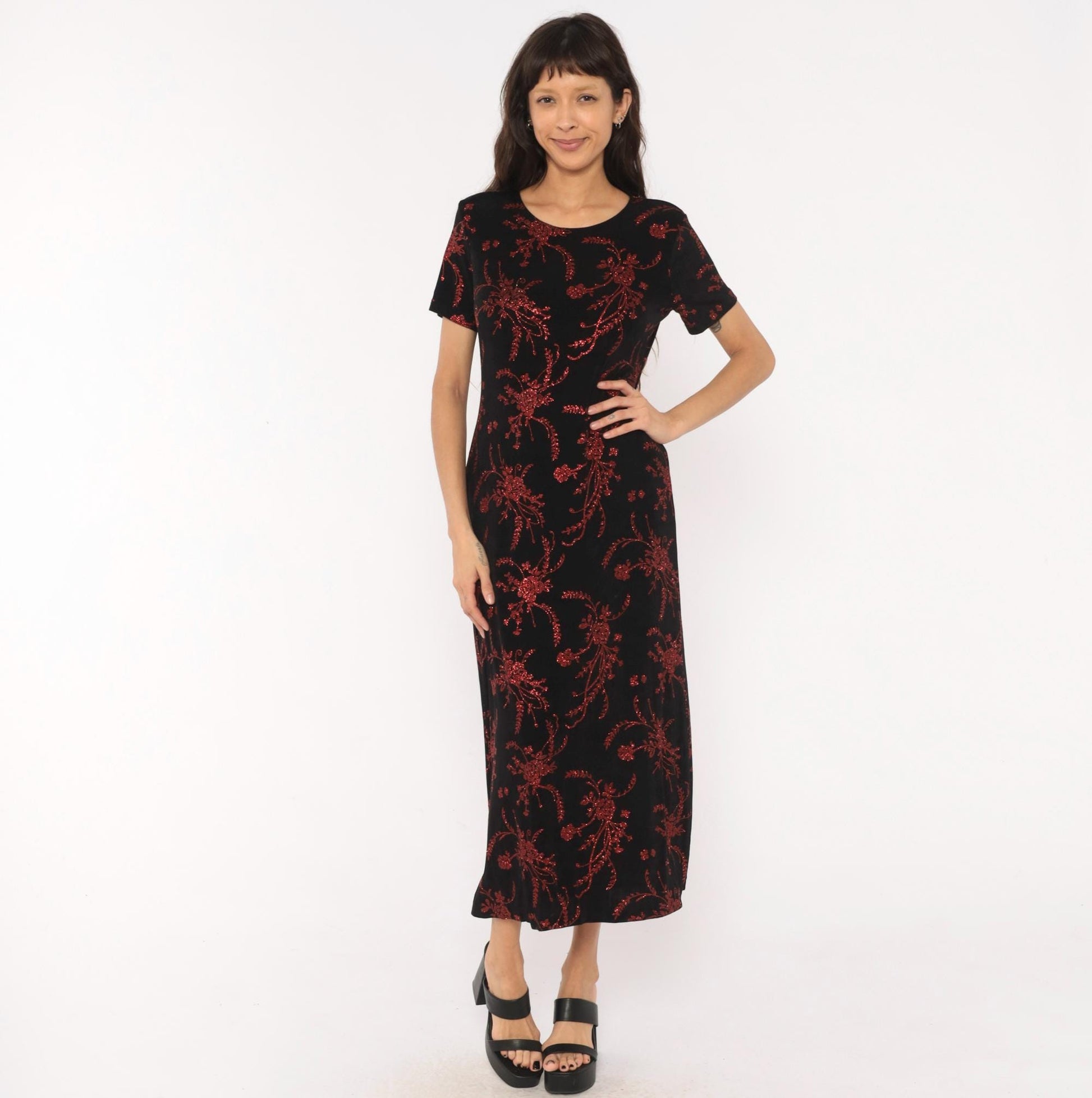 90s Black Maxi Dress Red Glitter Floral Print Short Sleeve Scoop Neck Medium Large