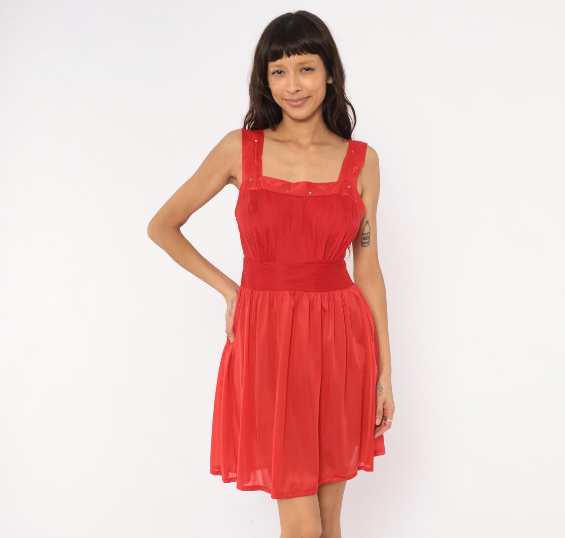 70s Red Babydoll Dress Satin Straps Embroidered Leaf Mini Nylon Medium M