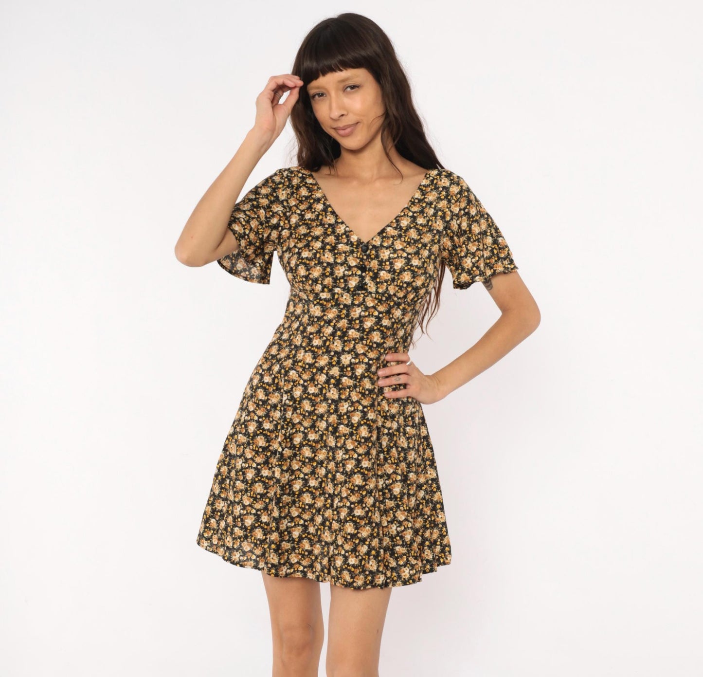 90s Contempo Casuals Floral Mini Dress Black Peach Rose V-Neck Flutter Sleeve Small S