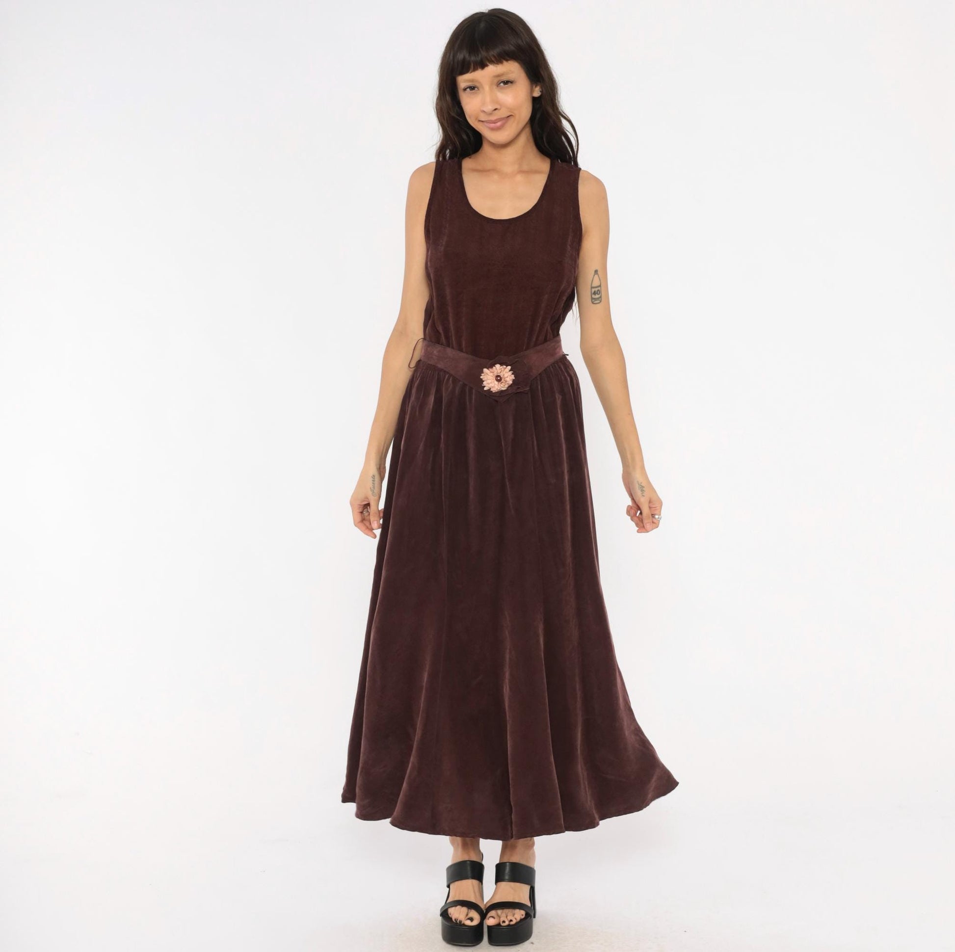 90s Plum Velvet Maxi Dress Sleeveless Scoop Neck Floral Belt Small Medium