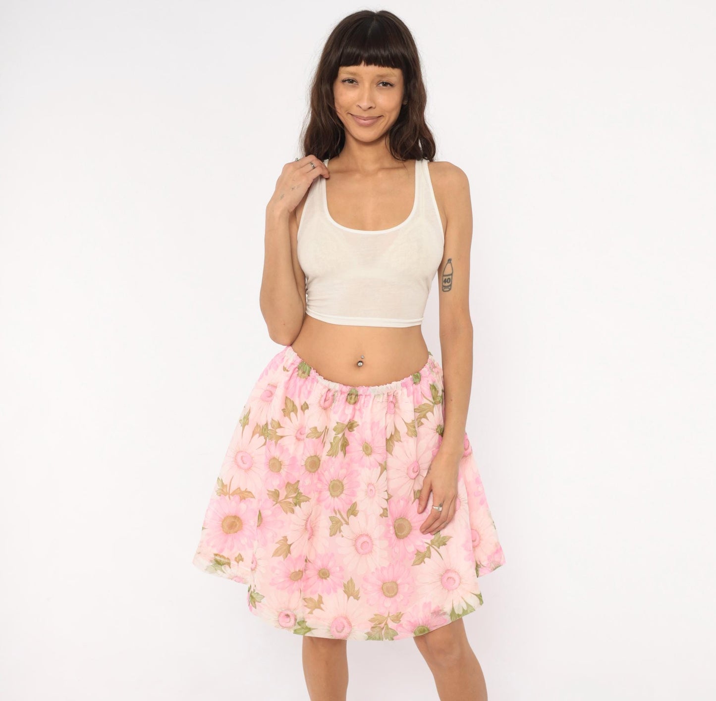 70s Pink Daisy Floral Skirt Gathered Waist A-Line Knee Length Medium Large