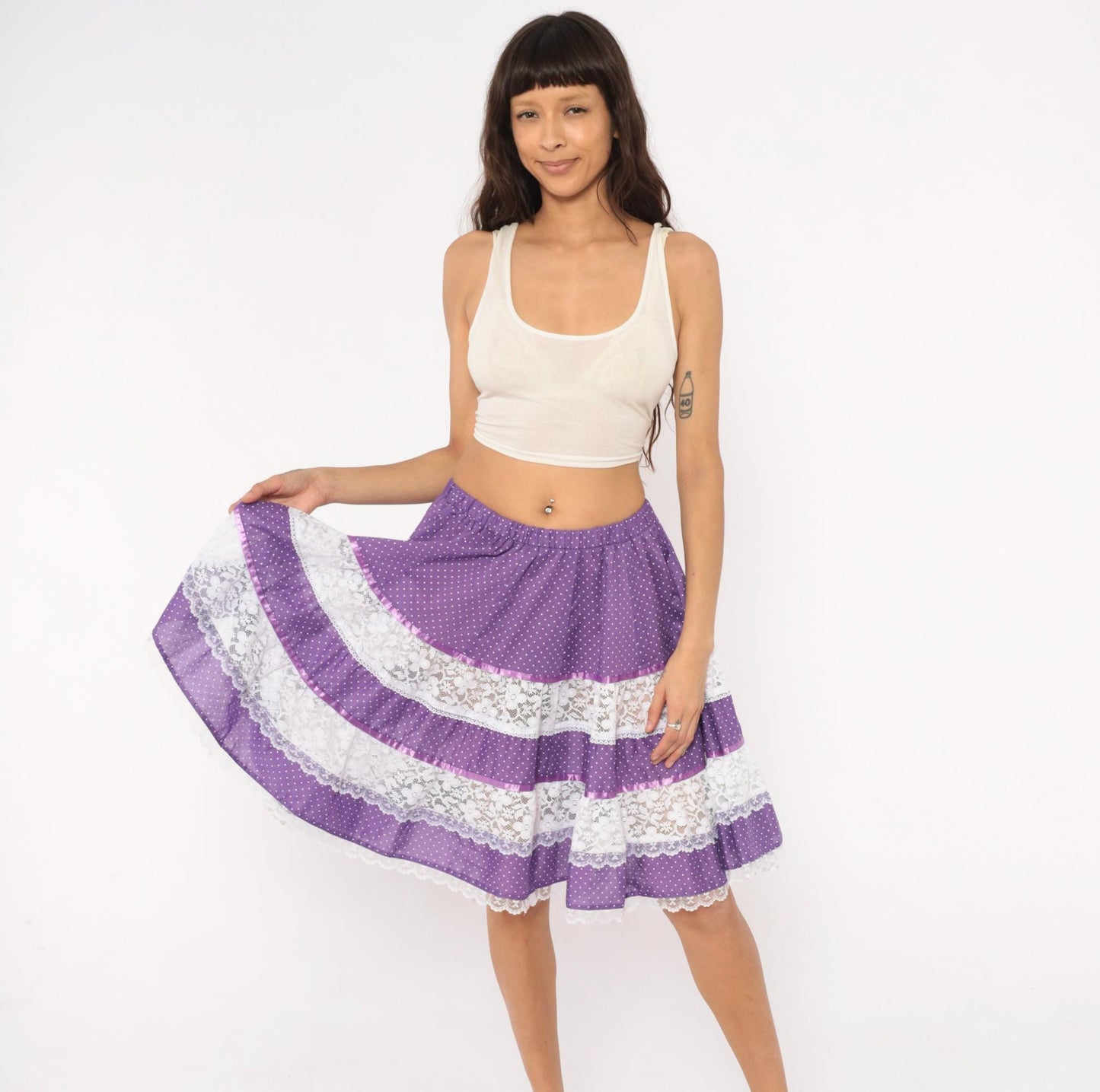 80s Purple Polka Dot Tiered Skirt Carefree Fashions Lace Trim Cotton Medium