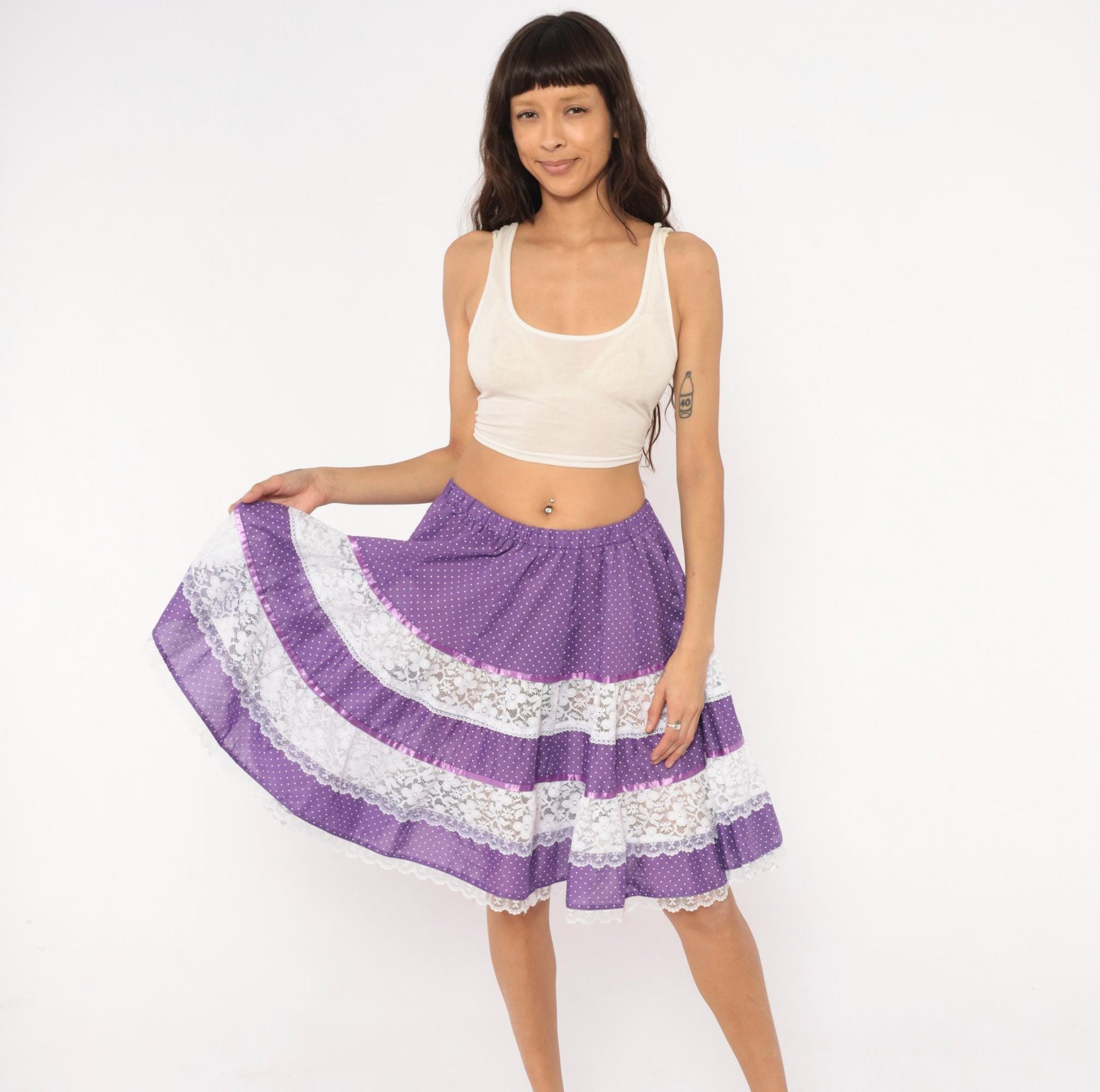 80s Purple Polka Dot Tiered Skirt Carefree Fashions Lace Trim Cotton Medium