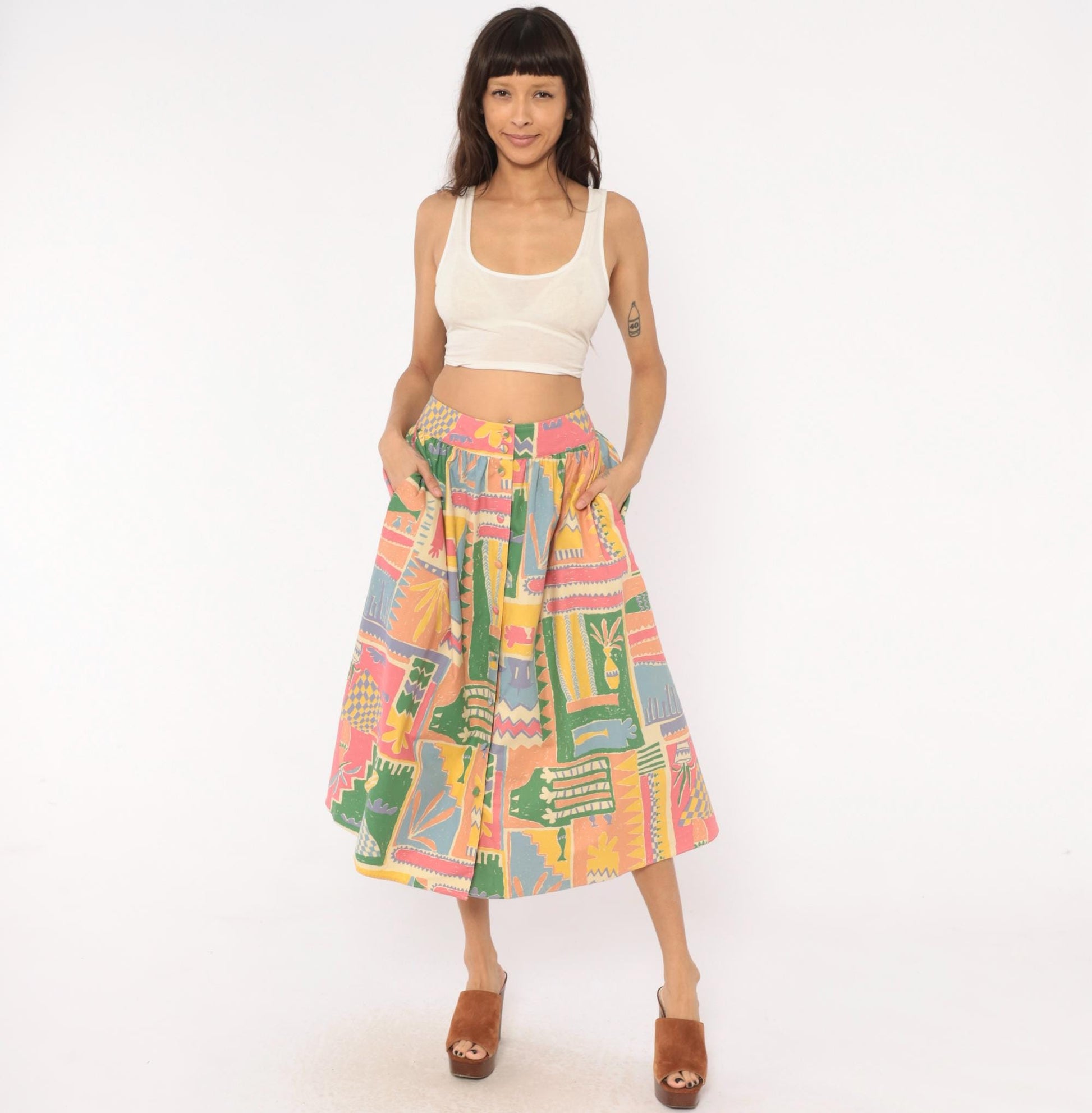 90s Laura Ashley Abstract Print Midi Skirt Cotton Button Front Multicolor Medium