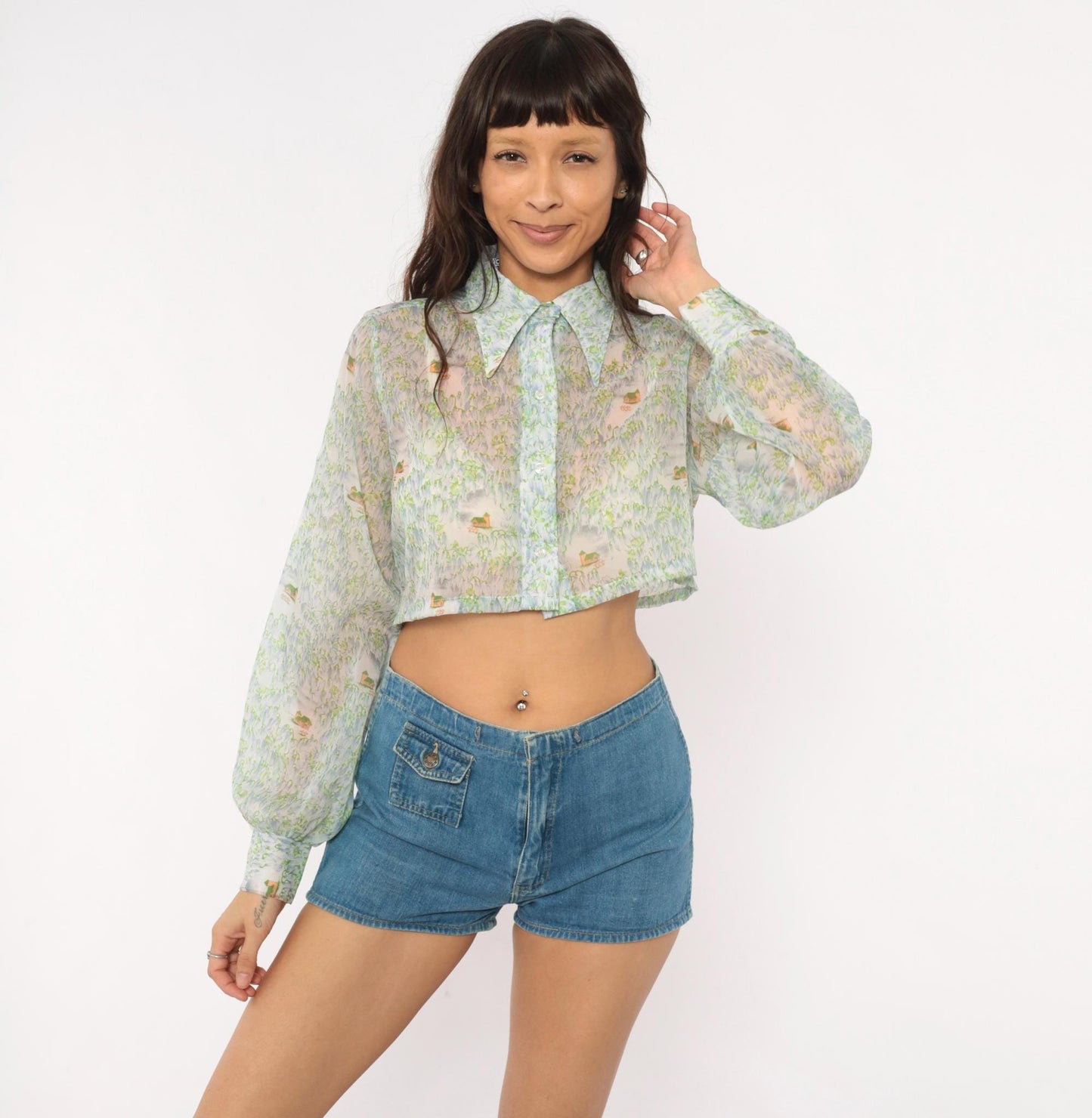 70s Tall Shop Cropped Sheer Blouse Pastoral Landscape Print Green Blue Small Medium