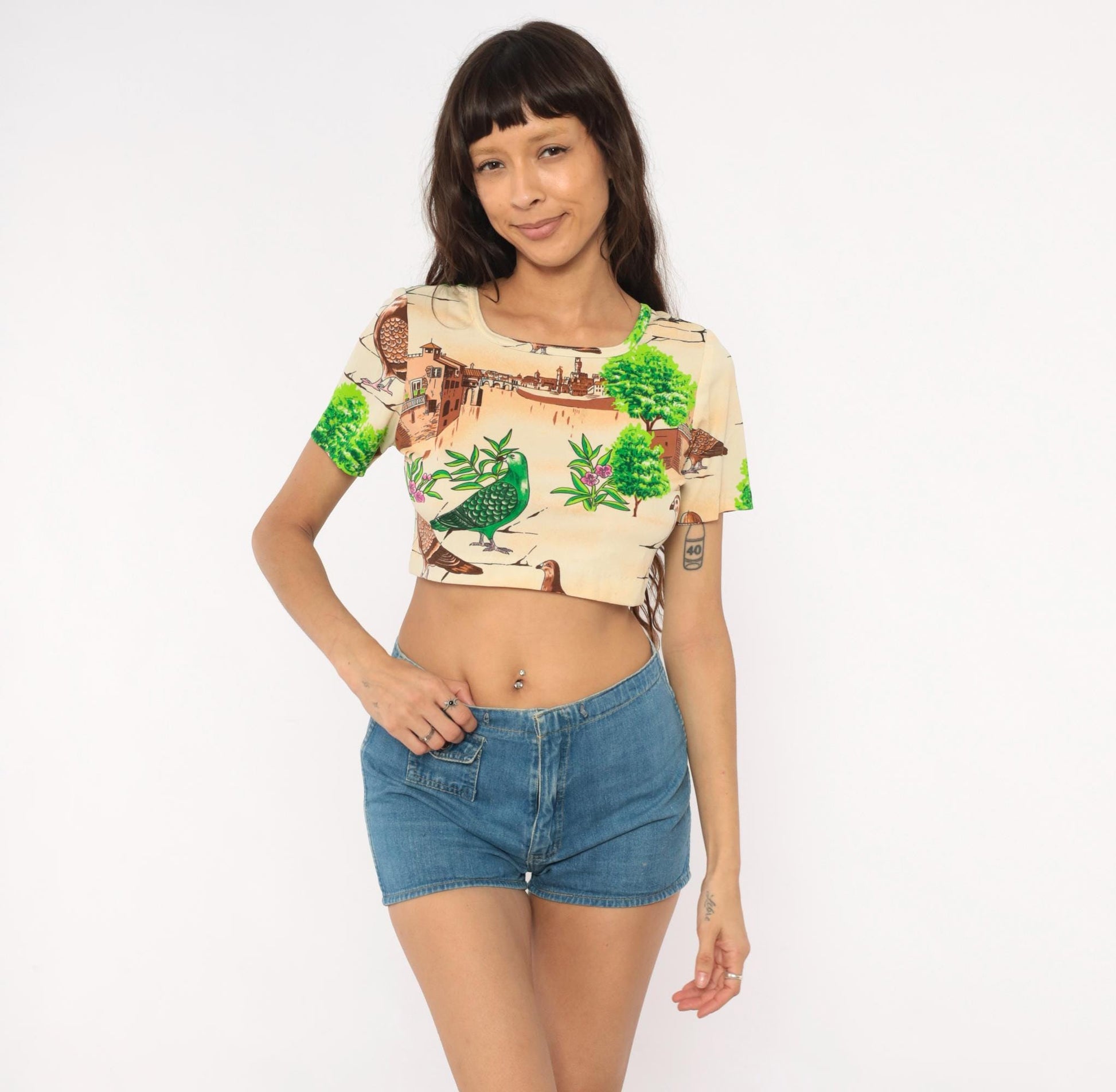 70s Pigeon Crop Top Novelty Bird Print Scoop Neck Fitted Small