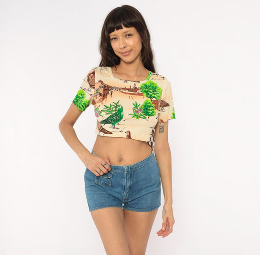 70s Pigeon Crop Top Novelty Bird Print Scoop Neck Fitted Small