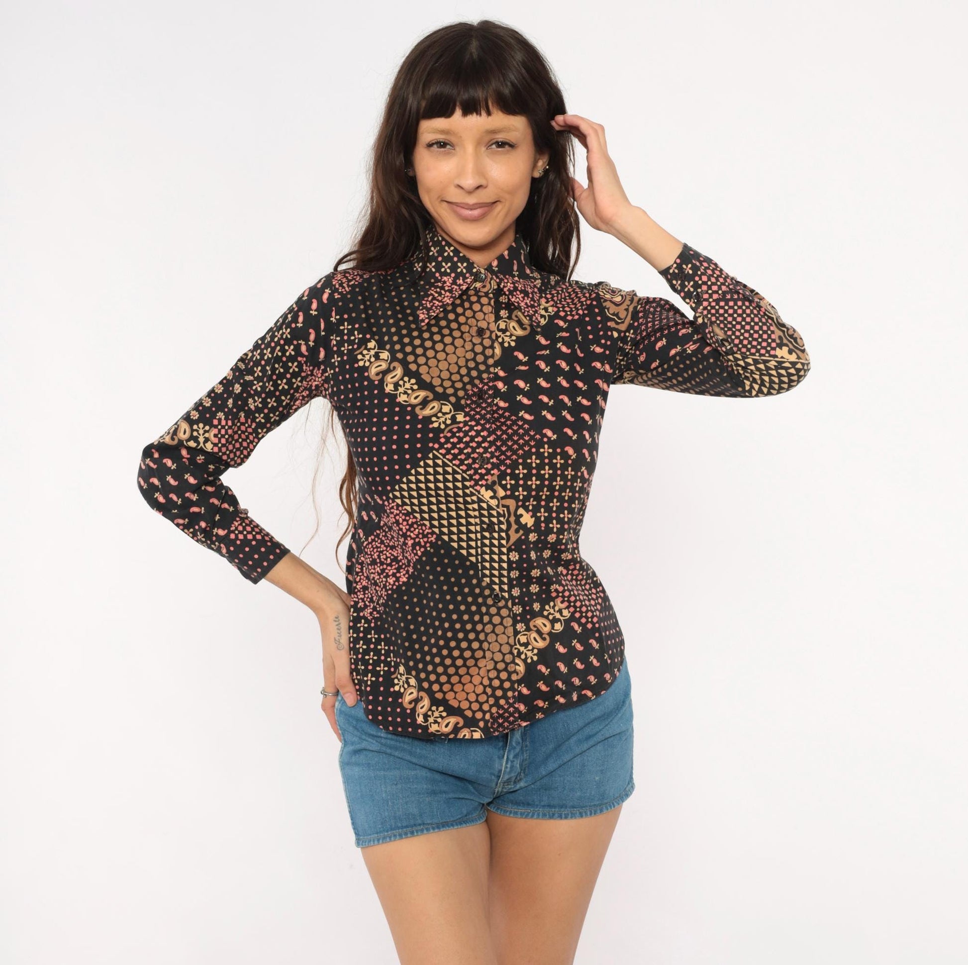 70s Gina Fashion Patchwork Button Blouse Black Pink Tan Paisley Cotton Extra Small